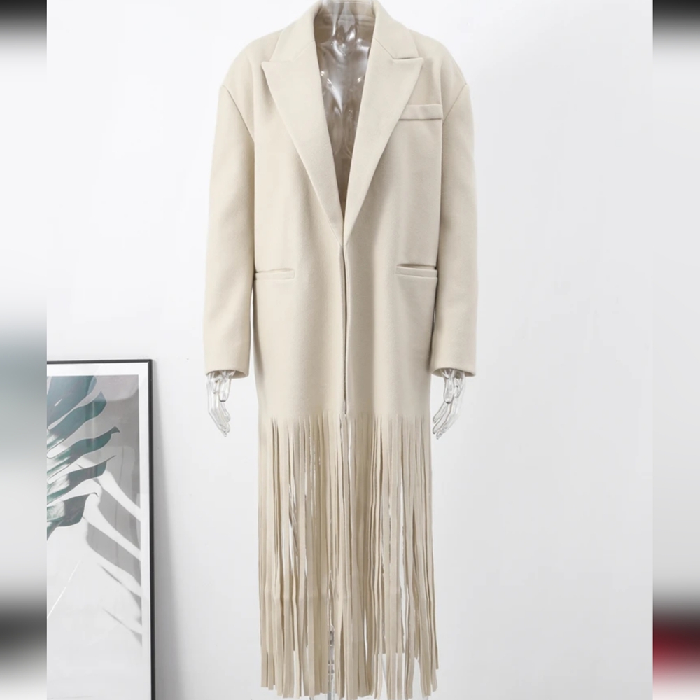 Tassel Apricot Women's Coat Elegant Autumn Long Sleeve Lapel Female Coats 2024 - Picture 5 of 7